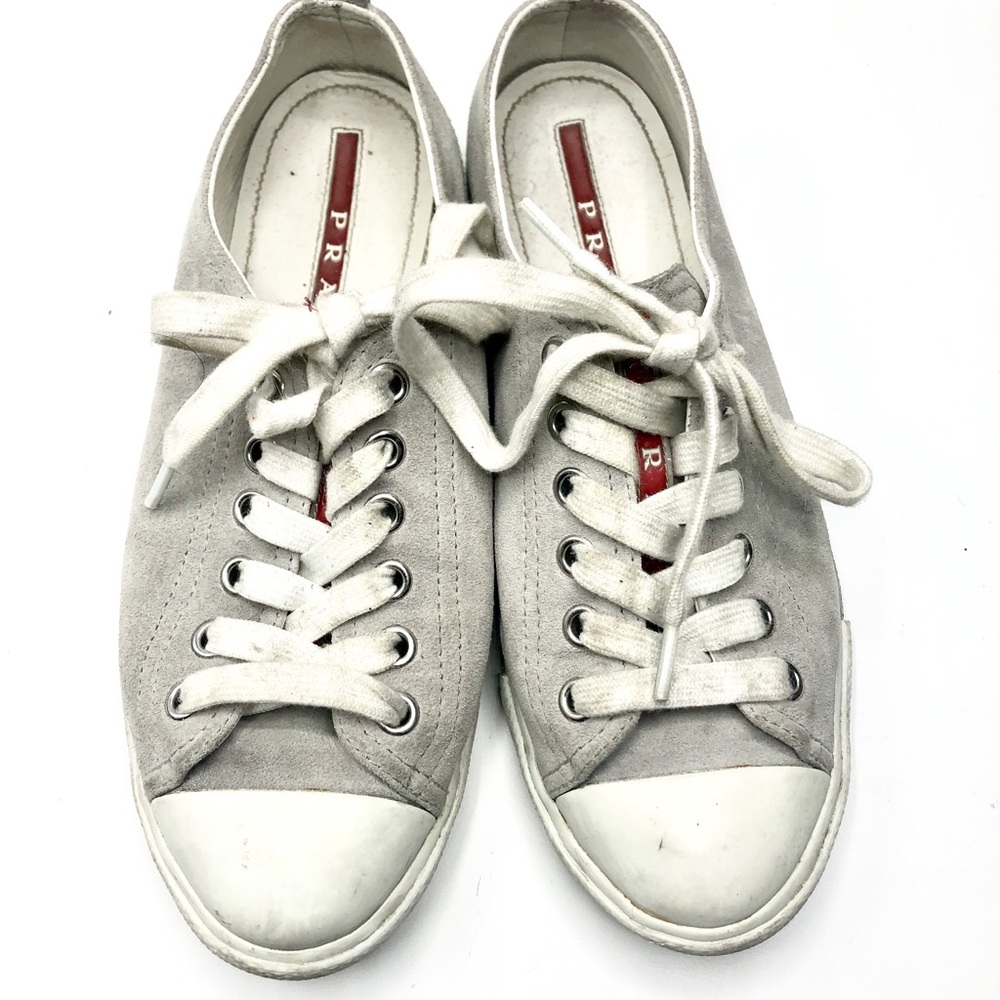 Prada Gray suede cap to lace up flat sneaker